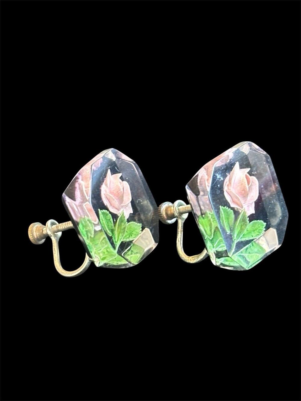 Vtg MCM 1950’s Black Reverse Carved Lucite Screw Back Earrings Pink Rose